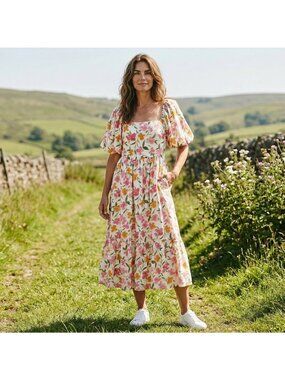 Sweet Lemon Floral Maxi Dress Small Pink Puff Sleeve Smocked Tiered Cottagecore